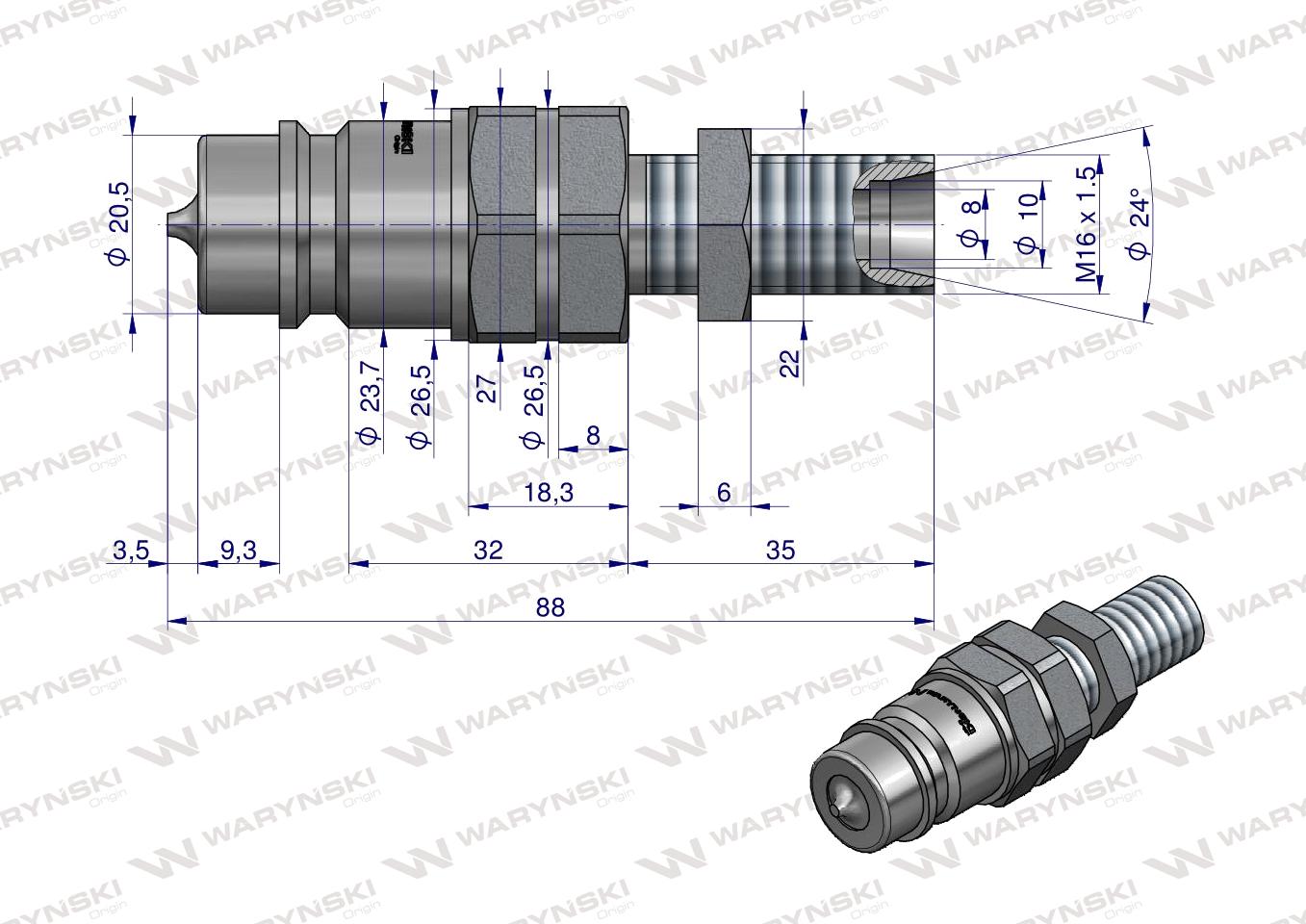 Szybkozłącze hydrauliczne wtyczka long M16x1.5 gwint zewnętrzny EURO (9100816W) (ISO 7241-A) Waryński