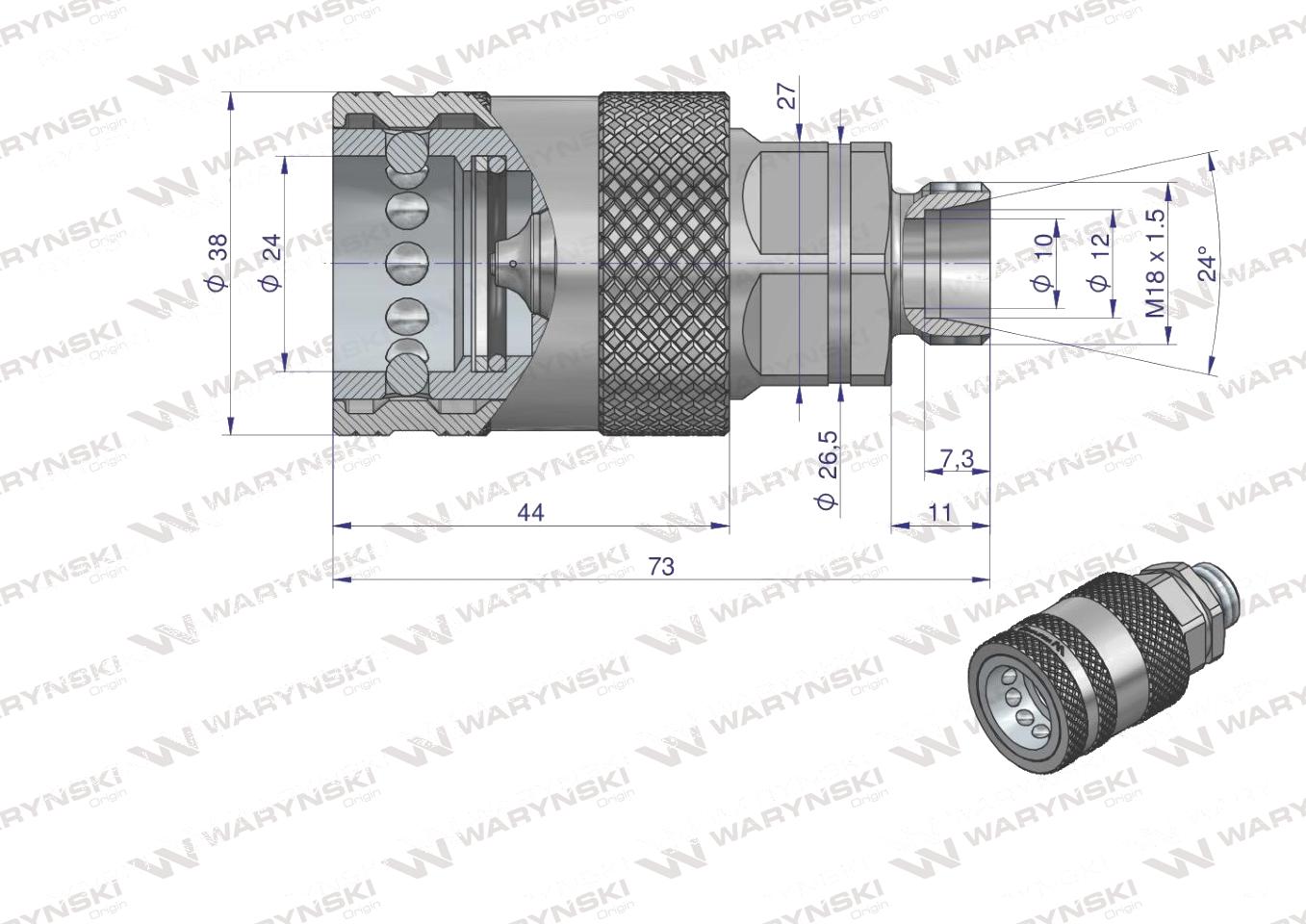 Szybkozłącze hydrauliczne gniazdo z eliminatorem ciśnienia M18x1.5 gwint zew. EURO PUSH-PULL (9100818G) (ISO 7241-A) Waryński (opakowanie 10szt)