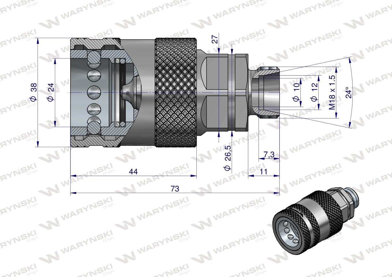 Szybkozłącze hydrauliczne gniazdo z eliminatorem ciśnienia M18x1.5 gwint zew. EURO PUSH-PULL (9100818G) (ISO 7241-A) Waryński
