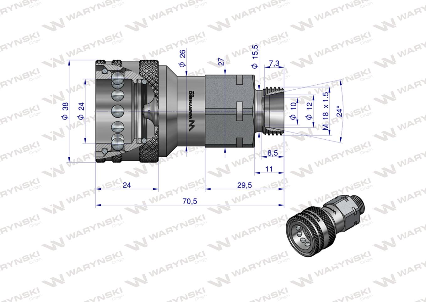 Szybkozłącze hydrauliczne gniazdo z eliminatorem ciśnienia M18x1.5 gwint zewnętrzny EURO (9100818G) (ISO 7241-A) Waryński (opakowanie 10szt)