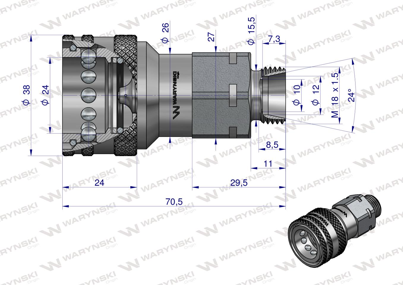 Szybkozłącze hydrauliczne gniazdo z eliminatorem ciśnienia M18x1.5 gwint zewnętrzny EURO (9100818G) (ISO 7241-A) Waryński