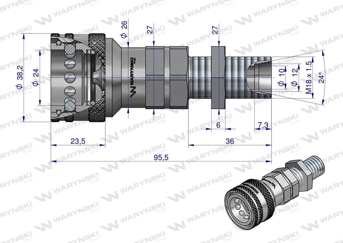Szybkozłącze hydrauliczne gniazdo long M18x1.5 gwint zewnętrzny EURO (9100818GL) (ISO 7241-A) Waryński  (opakowanie 10szt)