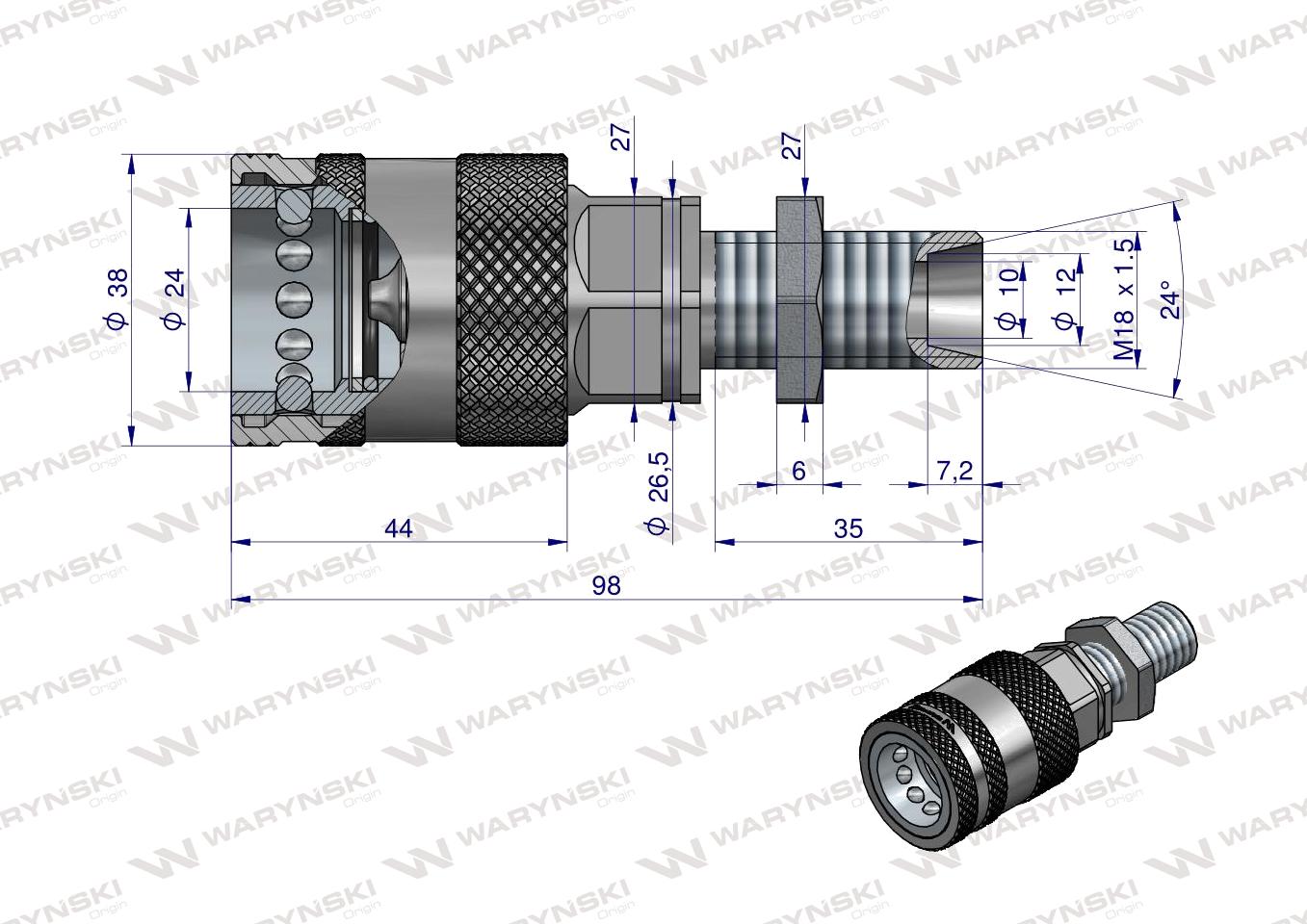 Szybkozłącze hydrauliczne gniazdo long M18x1.5 gwint zewnętrzny EURO PUSH-PULL (9100818GL) (ISO 7241-A) Waryński