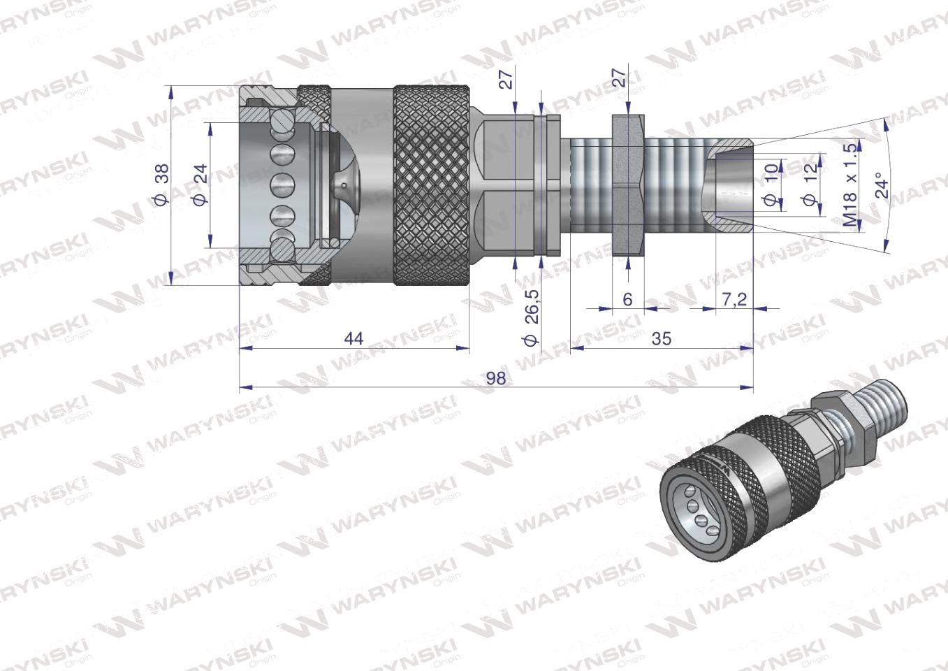 Szybkozłącze hydrauliczne gniazdo long z eliminatorem ciśnienia M18x1.5 gwint zew. EURO PUSH-PULL (9100818GL) (ISO 7241-A) Waryński (opakowanie 10szt)