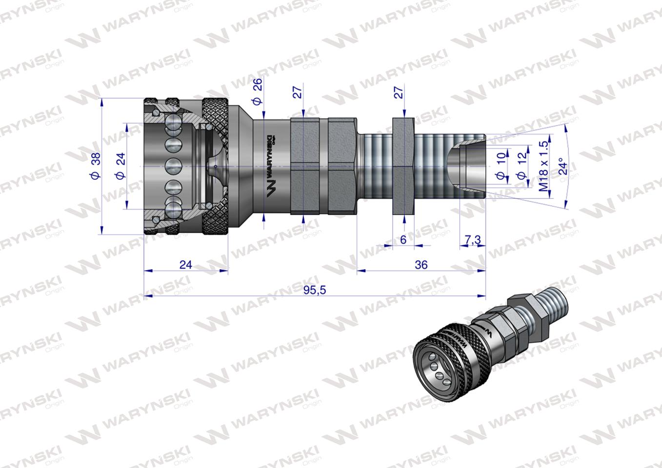 Szybkozłącze hydrauliczne gniazdo z eliminatorem ciśnienia long M18x1.5 gwint zewnętrzny EURO (9100818GL) (ISO 7241-A) Waryński (opakowanie 10szt)