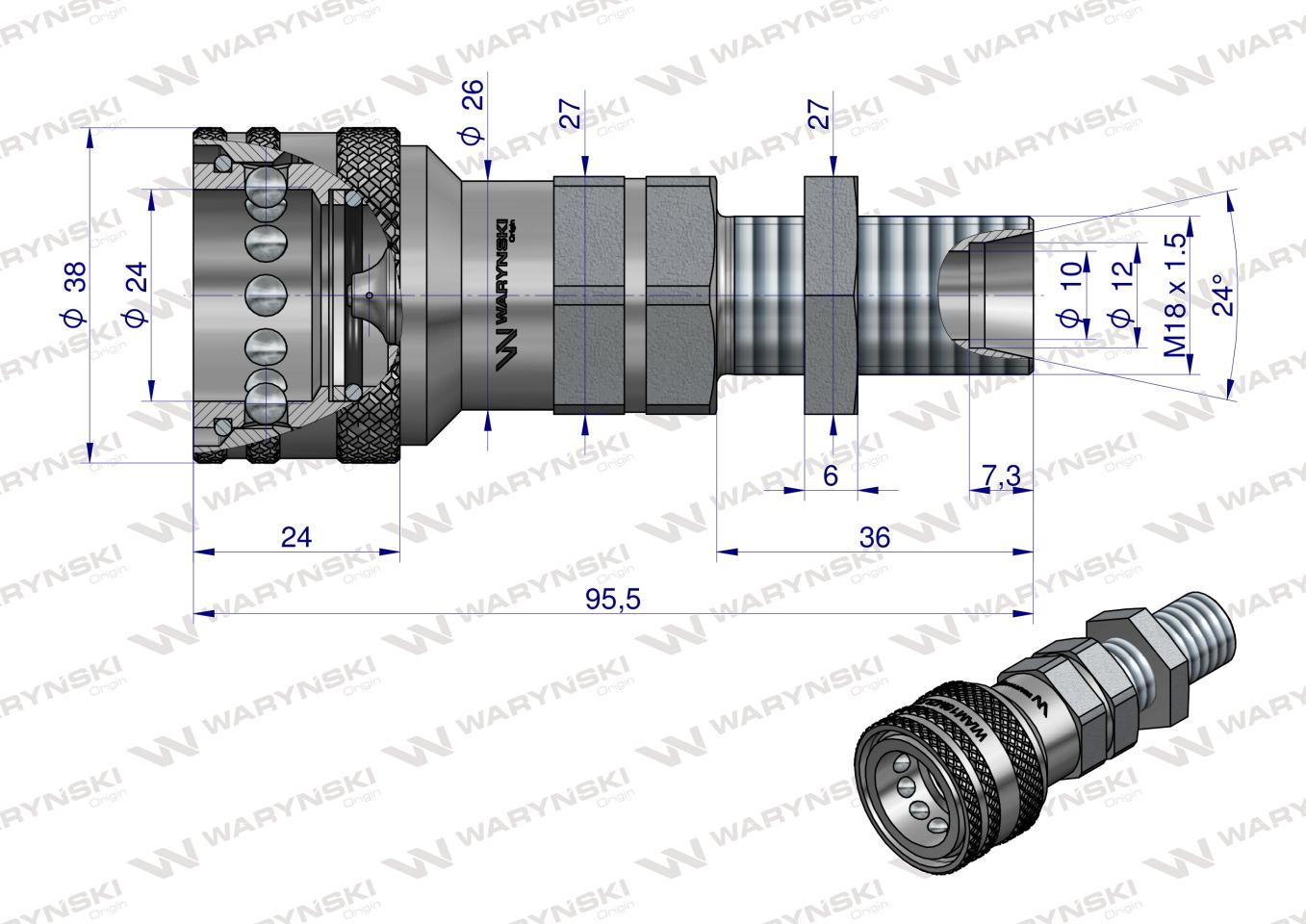 Szybkozłącze hydrauliczne gniazdo z eliminatorem ciśnienia long M18x1.5 gwint zewnętrzny EURO (9100818GL) (ISO 7241-A) Waryński