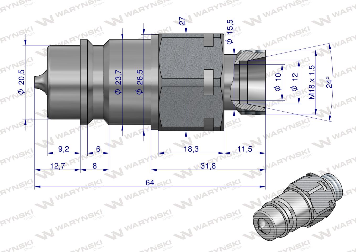 Szybkozłącze hydrauliczne wtyczka M18x1.5 gwint zewnętrzny EURO (9100818W) (ISO 7241-A) Waryński  (opakowanie 10szt)
