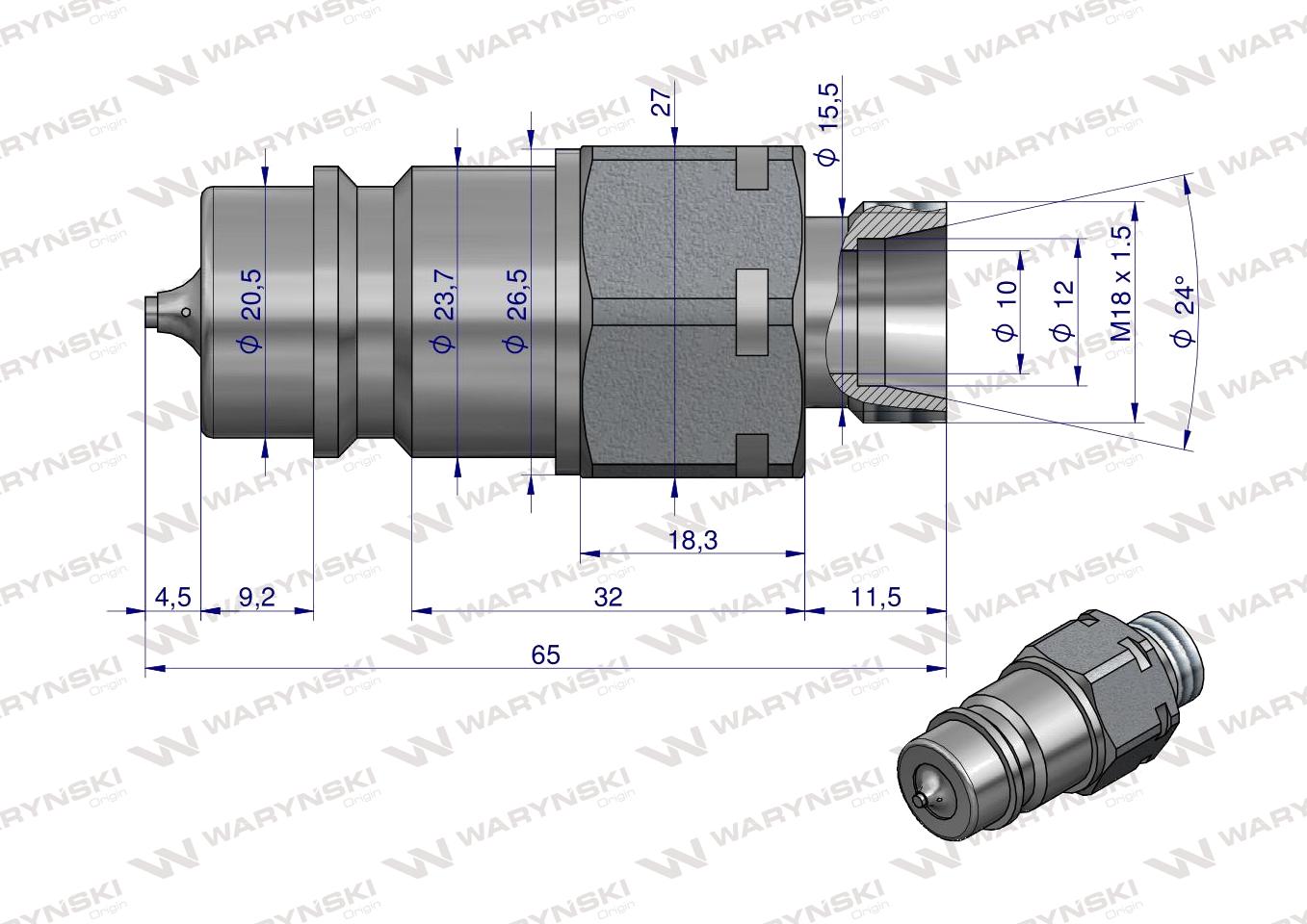 Szybkozłącze hydrauliczne wtyczka z eliminatorem ciśnienia M18x1.5 gwint zew. EURO (9100818W) (ISO 7241-A) Waryński