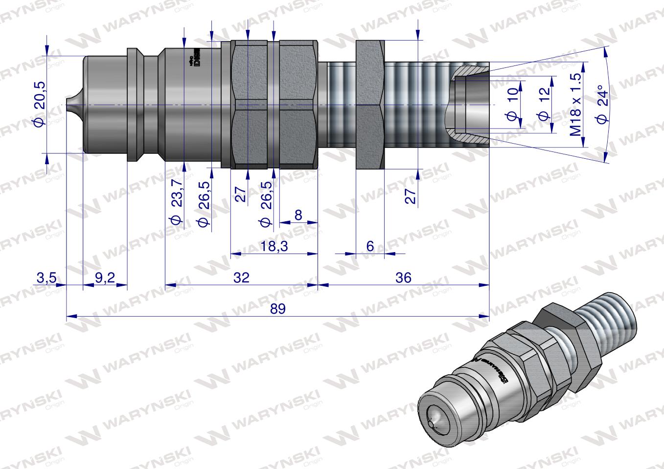 Szybkozłącze hydrauliczne wtyczka long M18x1.5 gwint zewnętrzny EURO (9100818W) (ISO 7241-A) Waryński  (opakowanie 10szt)