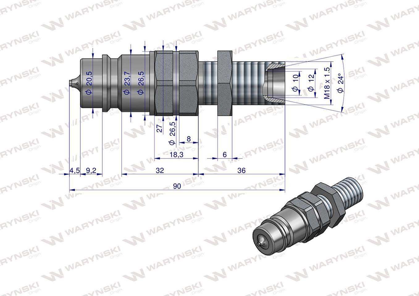 Szybkozłącze hydrauliczne wtyczka long z eliminatorem ciśnienia M18x1.5 gwint zew. EURO (9100818W) (ISO 7241-A) Waryński (opakowanie 10szt)