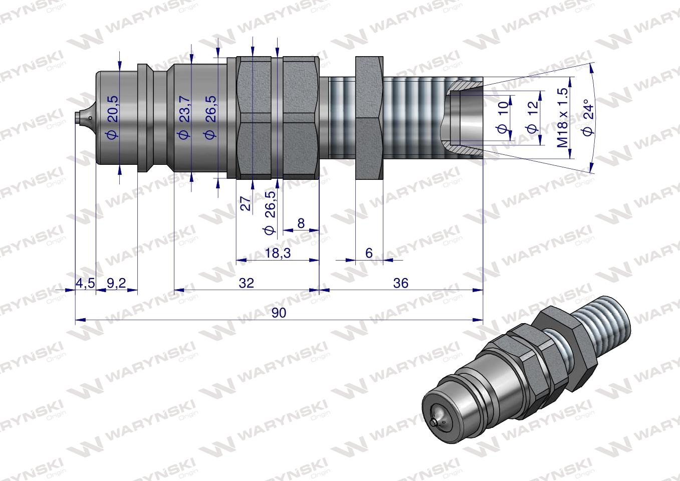 Szybkozłącze hydrauliczne wtyczka long z eliminatorem ciśnienia M18x1.5 gwint zew. EURO (9100818W) (ISO 7241-A) Waryński