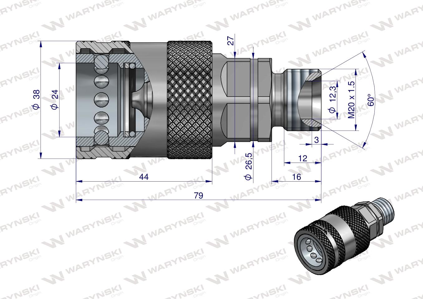 Szybkozłącze hydrauliczne gniazdo M20x1.5 gwint zewnętrzny EURO PUSH-PULL (9100822G) (ISO 7241-A) Waryński