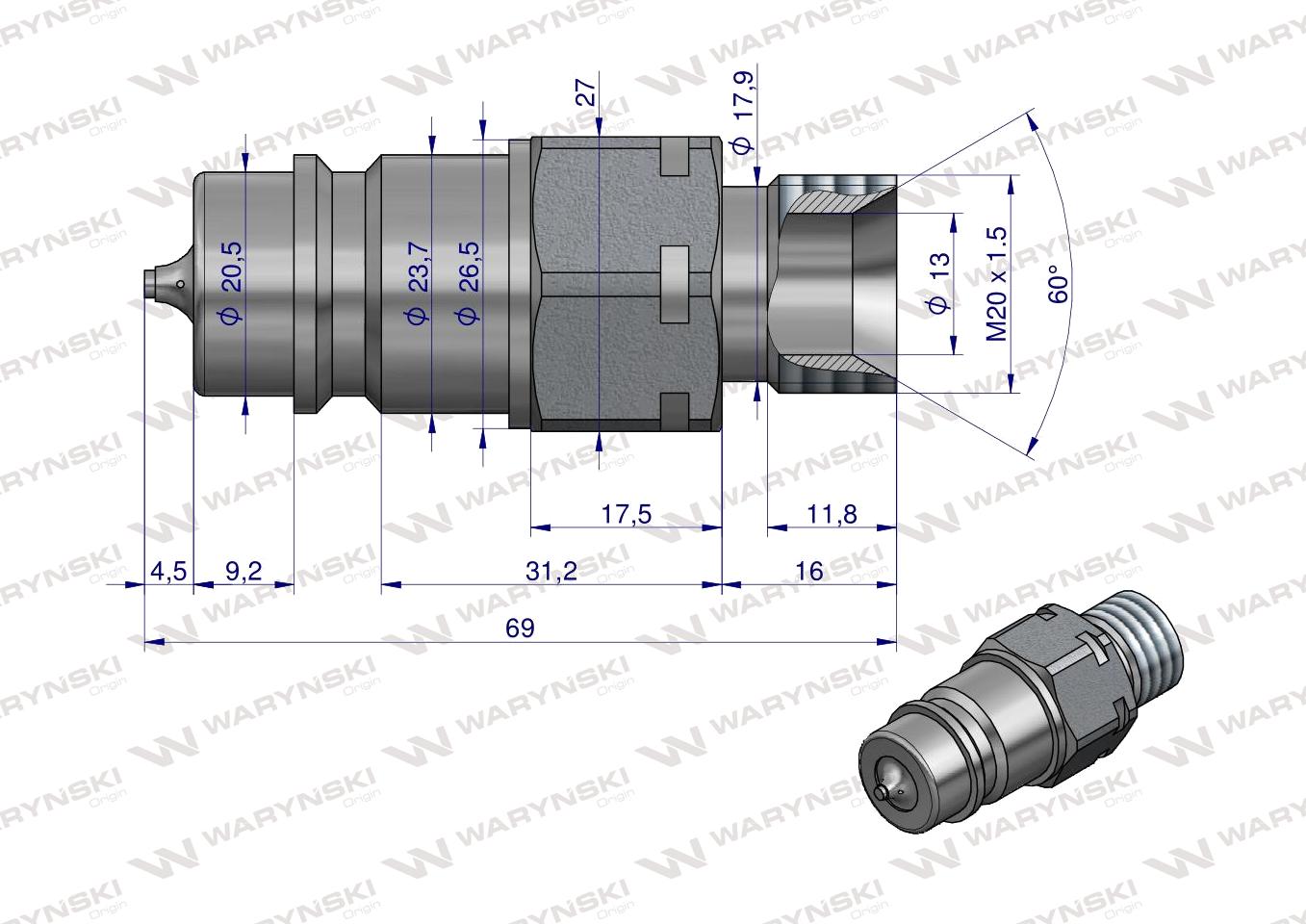Szybkozłącze hydrauliczne wtyczka z eliminatorem ciśnienia M20x1.5 gwint zew. EURO (9100822W) (ISO 7241-A) Waryński