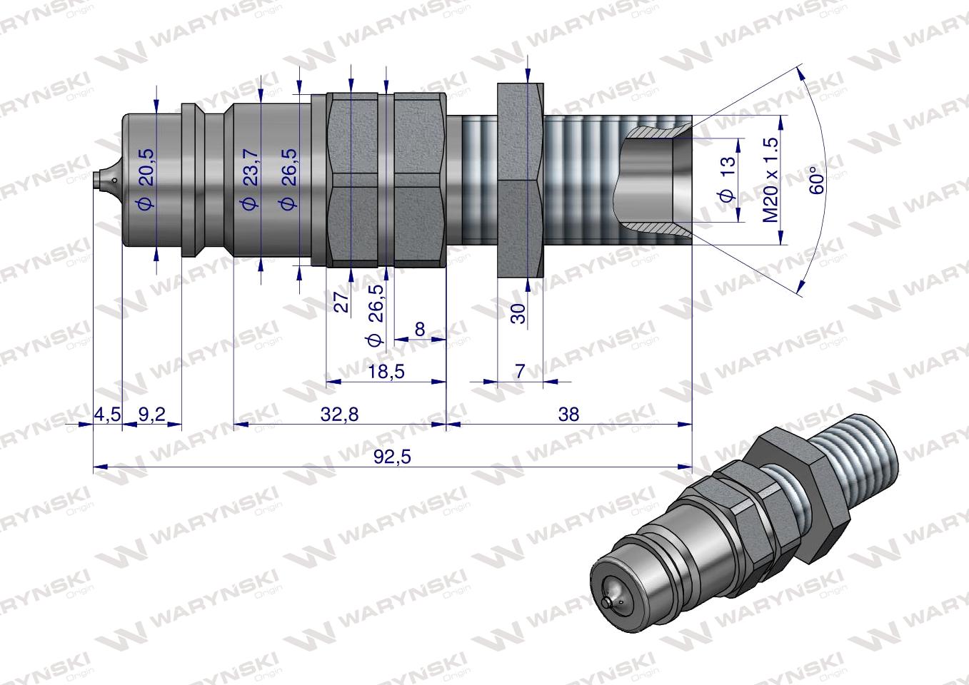 Szybkozłącze hydrauliczne wtyczka long z eliminatorem ciśnienia M20x1.5 gwint zewnętrzny EURO (ISO 7241-A) Waryński