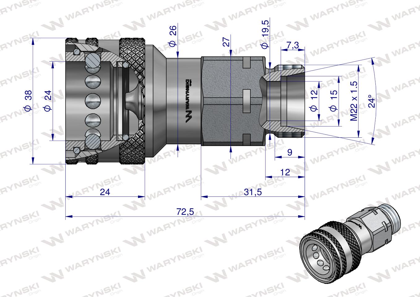 Szybkozłącze hydrauliczne gniazdo M22x1.5 gwint zewnętrzny EURO (9100822G) (ISO 7241-A) Waryński  (opakowanie 10szt)