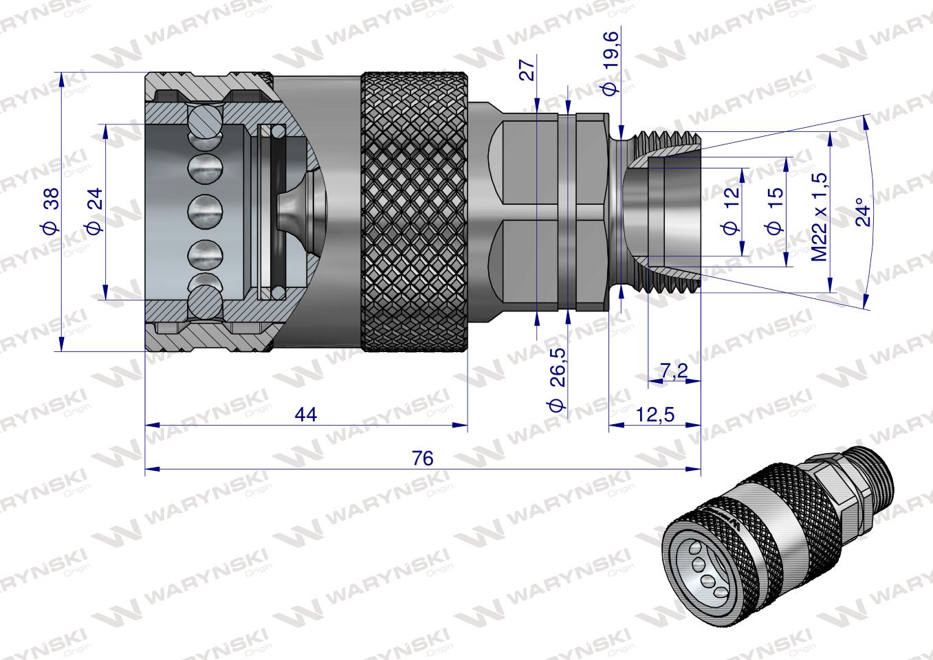 Szybkozłącze hydrauliczne gniazdo M22x1.5 gwint zewnętrzny EURO PUSH-PULL (9100822G) (ISO 7241-A) Waryński  (opakowanie 10szt)