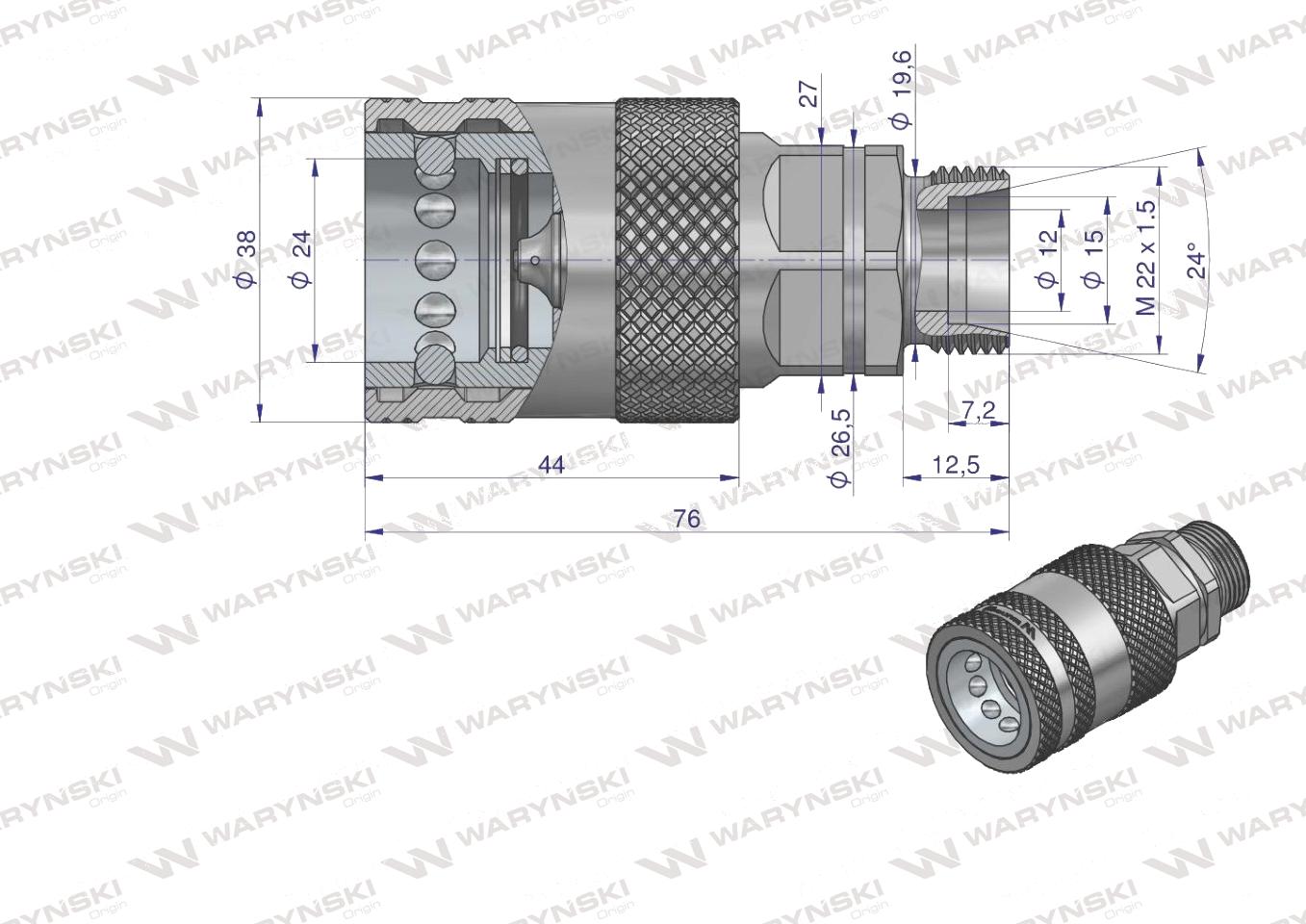 Szybkozłącze hydrauliczne gniazdo z eliminatorem ciśnienia M22x1.5 gwint zew. EURO PUSH-PULL (9100822G) (ISO 7241-A) Waryński (opakowanie 10szt)