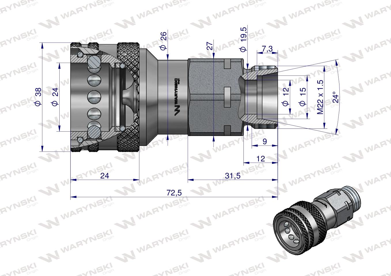 Szybkozłącze hydrauliczne gniazdo M22x1.5 gwint zewnętrzny EURO (9100822G) (ISO 7241-A) Waryński