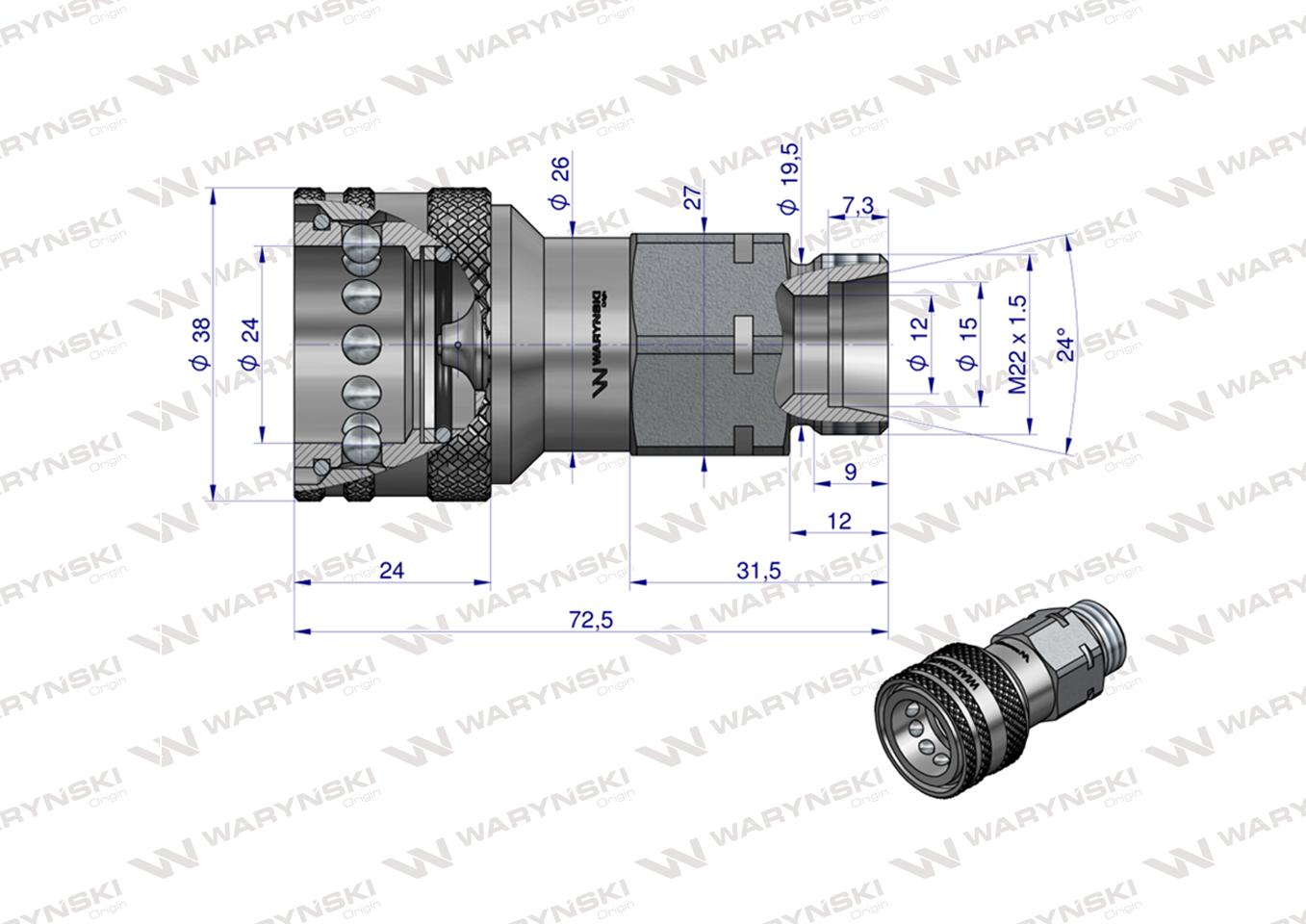 Szybkozłącze hydrauliczne gniazdo z eliminatorem ciśnienia M22x1.5 gwint zewnętrzny EURO (9100822G) (ISO 7241-A) Waryński (opakowanie 10szt)