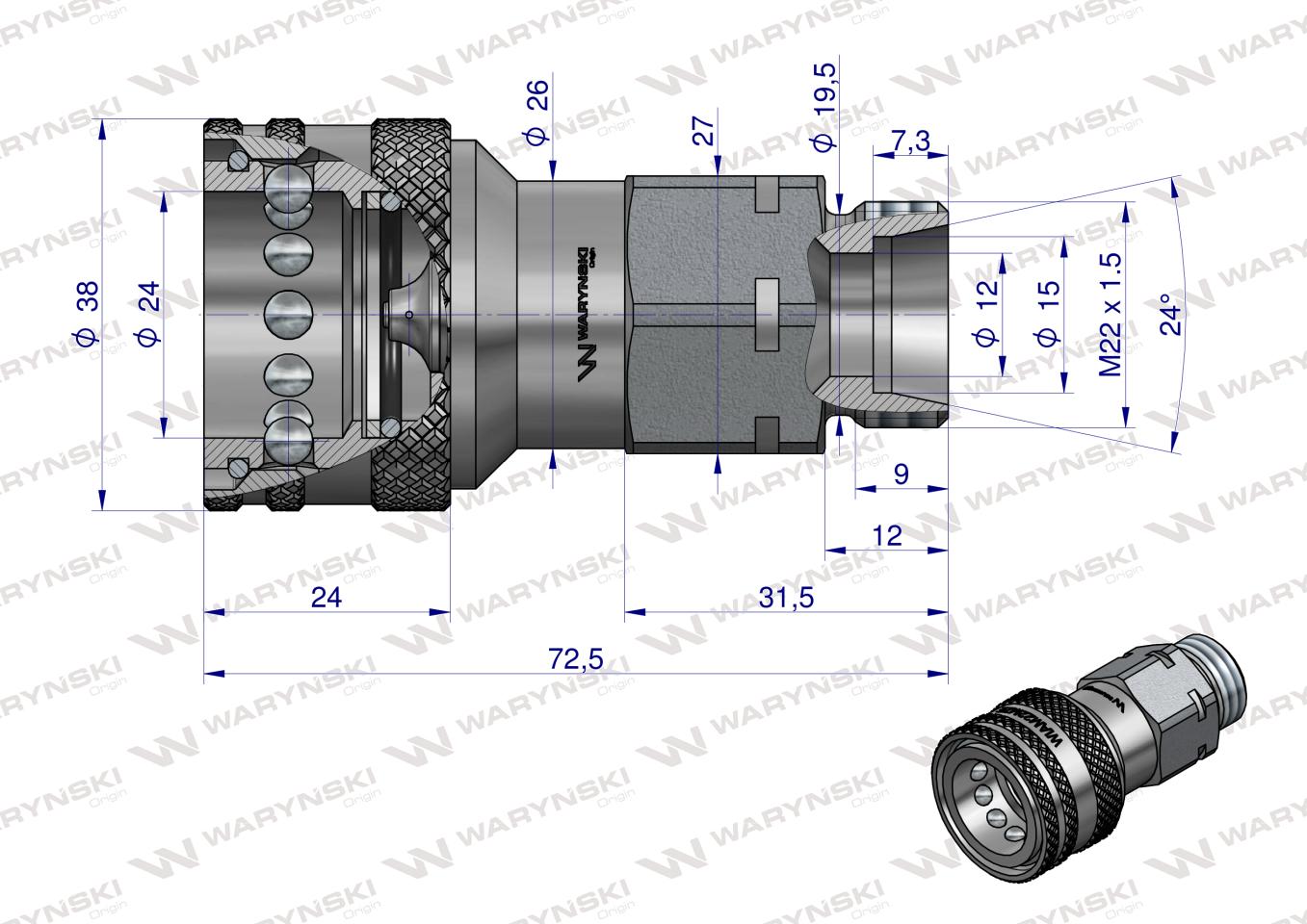 Szybkozłącze hydrauliczne gniazdo z eliminatorem ciśnienia M22x1.5 gwint zewnętrzny EURO (9100822G) (ISO 7241-A) Waryński
