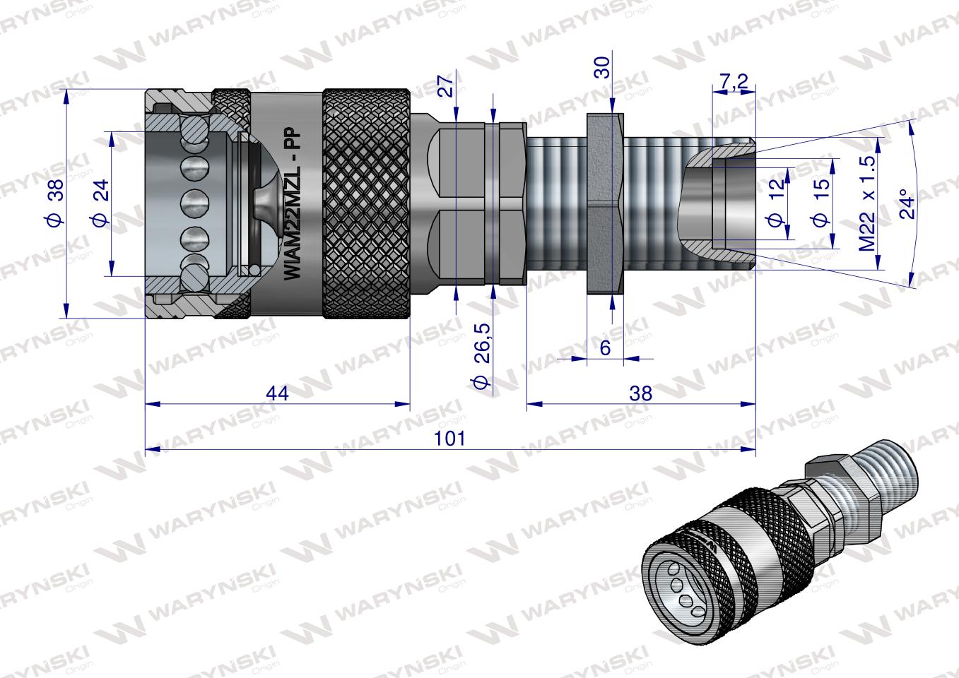 Szybkozłącze hydrauliczne gniazdo long M22x1.5 gwint zewnętrzny EURO PUSH-PULL (9100822GL) (ISO 7241-A) Waryński  (opakowanie 10szt)