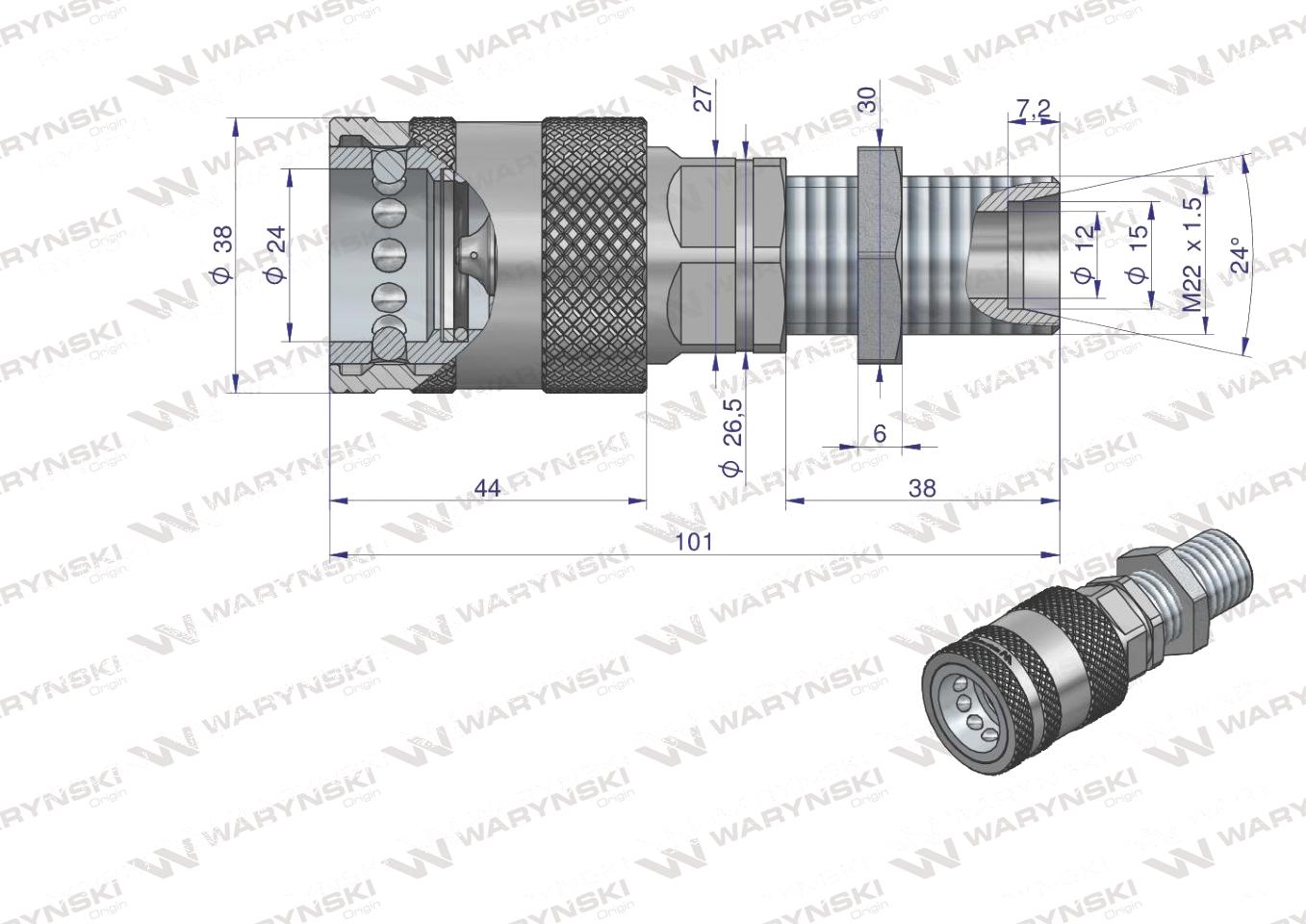 Szybkozłącze hydrauliczne gniazdo long z eliminatorem ciśnienia M22x1.5 gwint zew. EURO PUSH-PULL (9100822GL) (ISO 7241-A) Waryński (opakowanie 10szt)