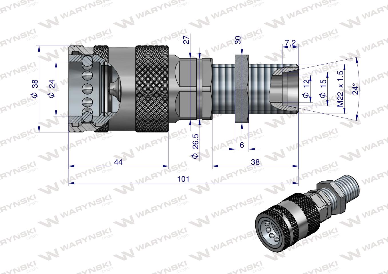 Szybkozłącze hydrauliczne gniazdo long z eliminatorem ciśnienia M22x1.5 gwint zew. EURO PUSH-PULL (9100822GL) (ISO 7241-A) Waryński