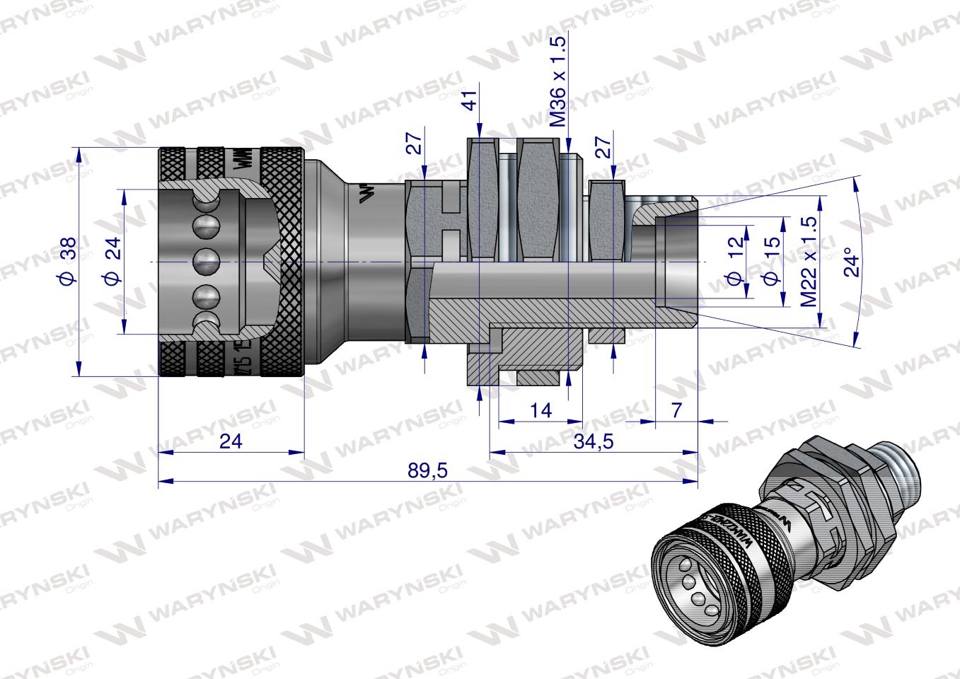 Szybkozłącze hydrauliczne gniazdo long M22x1.5 gwint zewnętrzny EURO (Adaptacja starego typu 504900) (9199822G/ST) (ISO 7241-A) Waryński  (opakowanie 10szt)