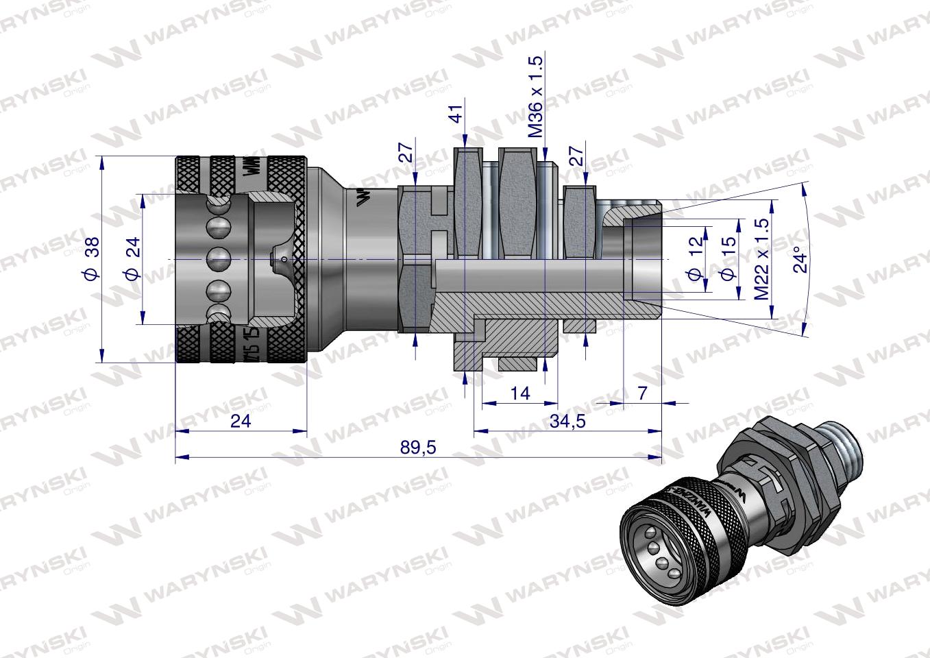 Szybkozłącze hydrauliczne gniazdo long z eliminatorem ciśnienia M22x1.5 gwint zewnętrzny EURO (504900) (9199822G/ST) (ISO 7241-A) Waryński