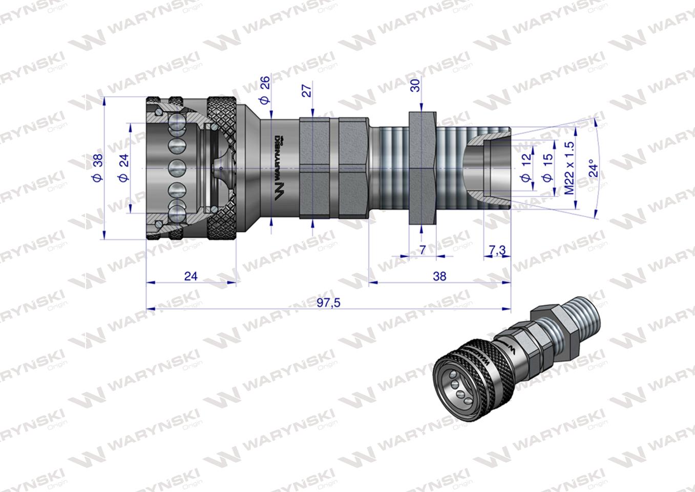 Szybkozłącze hydrauliczne gniazdo z eliminatorem ciśnienia long M22x1.5 gwint zewnętrzny EURO (9100822GL) (ISO 7241-A) Waryński (opakowanie 10szt)