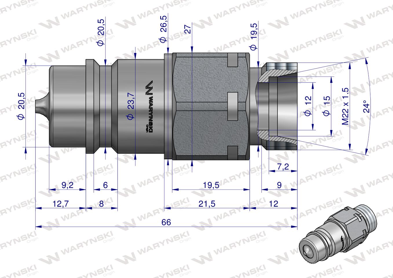 Szybkozłącze hydrauliczne wtyczka M22x1.5 gwint zewnętrzny EURO (9100822W) (ISO 7241-A) Waryński  (opakowanie 10szt)