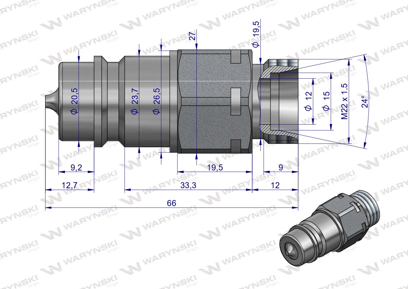 Szybkozłącze hydrauliczne wtyczka M22x1.5 gwint zewnętrzny EURO (9100822W) (ISO 7241-A) Waryński (opakowanie 100szt)