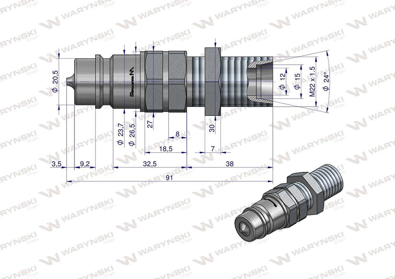 Szybkozłącze hydrauliczne wtyczka long M22x1.5 gwint zewnętrzny EURO (9100822W) (ISO 7241-A) Waryński (opakowanie 50szt)