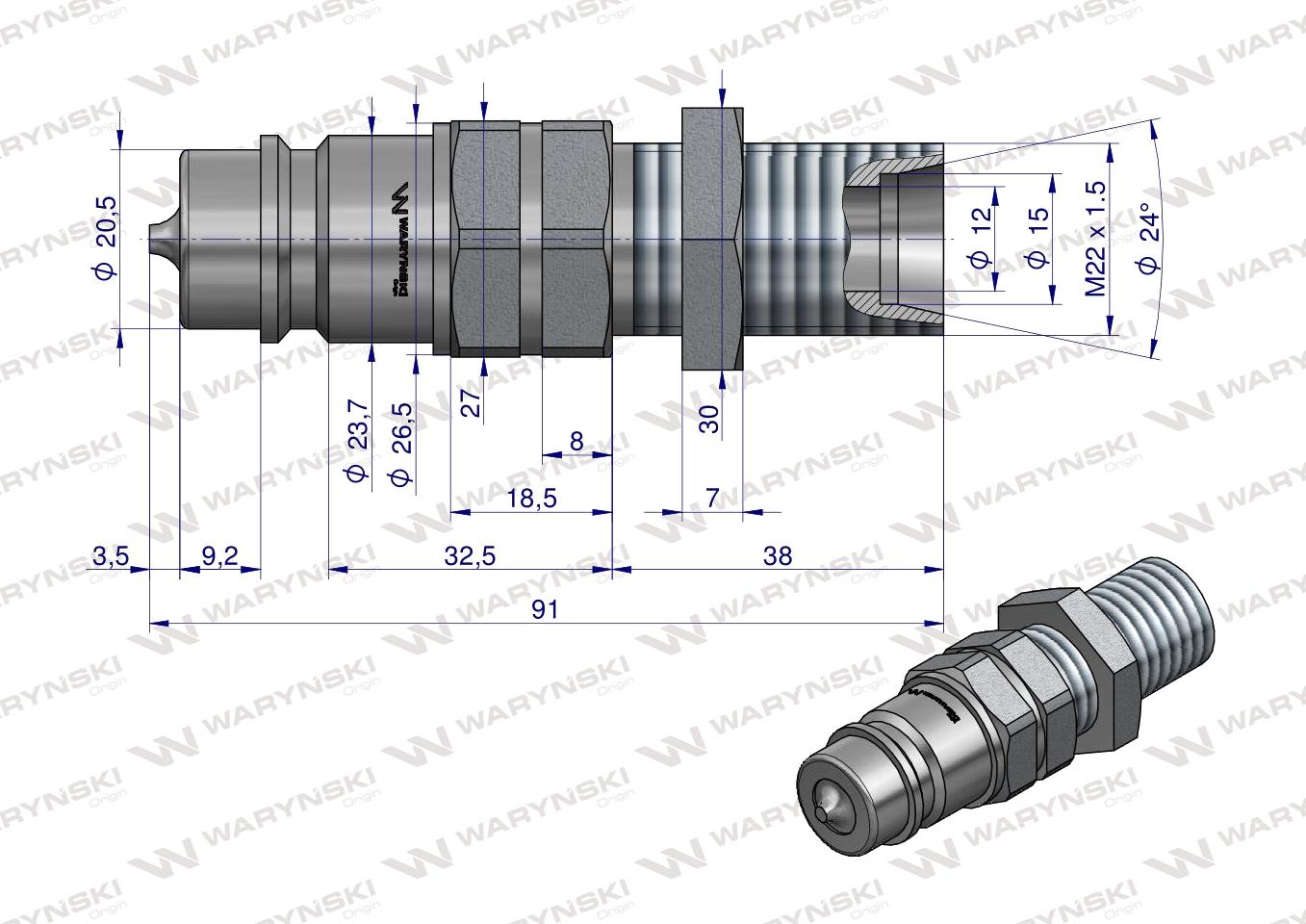 Szybkozłącze hydrauliczne wtyczka long M22x1.5 gwint zewnętrzny EURO (9100822W) (ISO 7241-A) Waryński