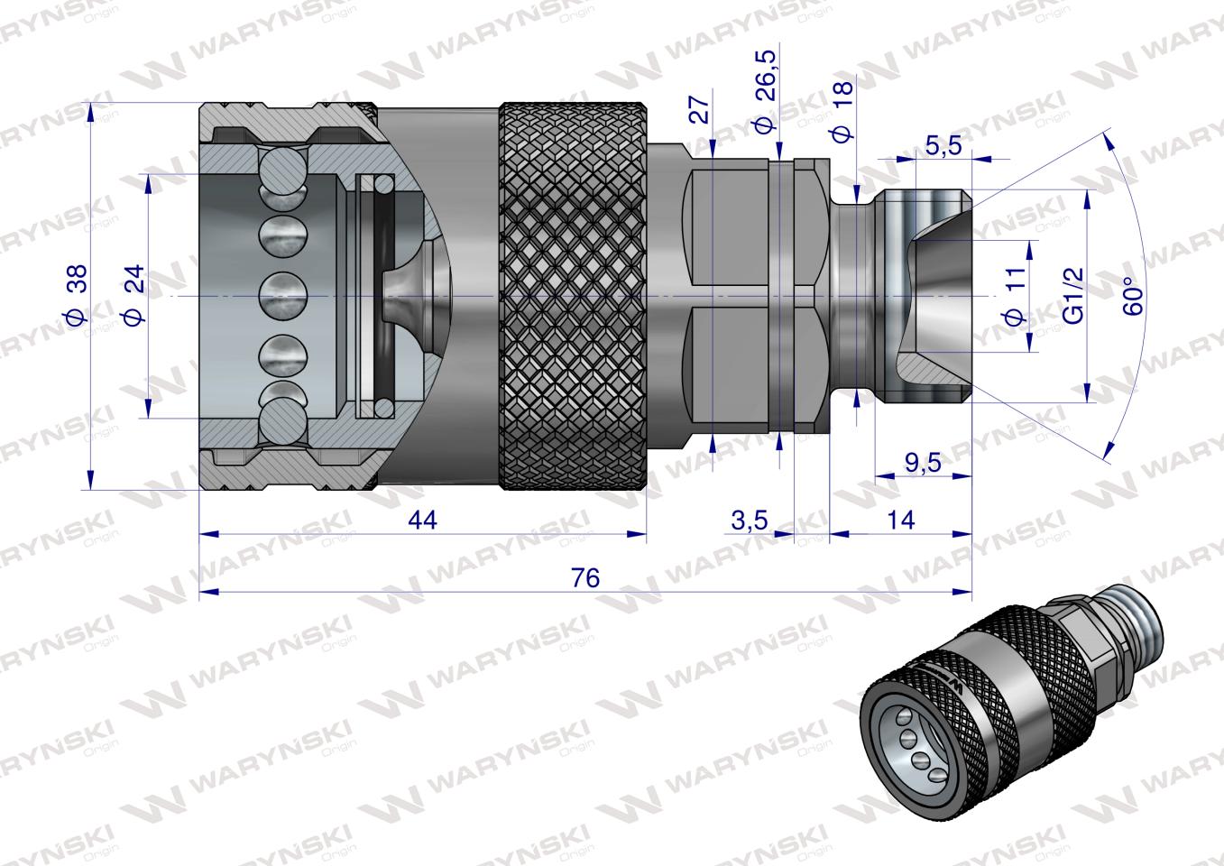 Szybkozłącze hydrauliczne gniazdo G1/2"BSP gwint zewnętrzny EURO PUSH-PULL  (ISO 7241-A) Waryński