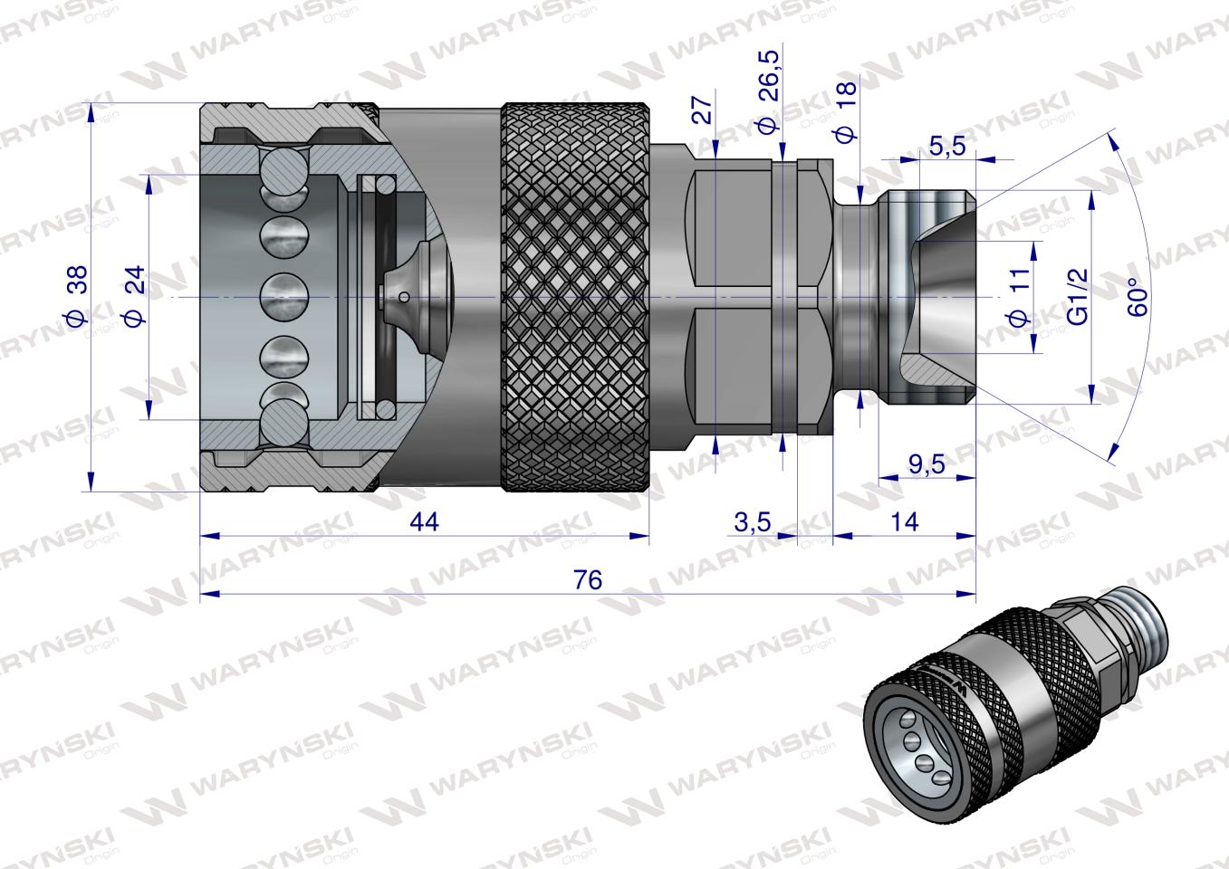 Szybkozłącze hydrauliczne gniazdo G1/2"BSP gwint zewnętrzny EURO PUSH-PULL  (ISO 7241-A) z eliminatorem ciśnienia Waryński