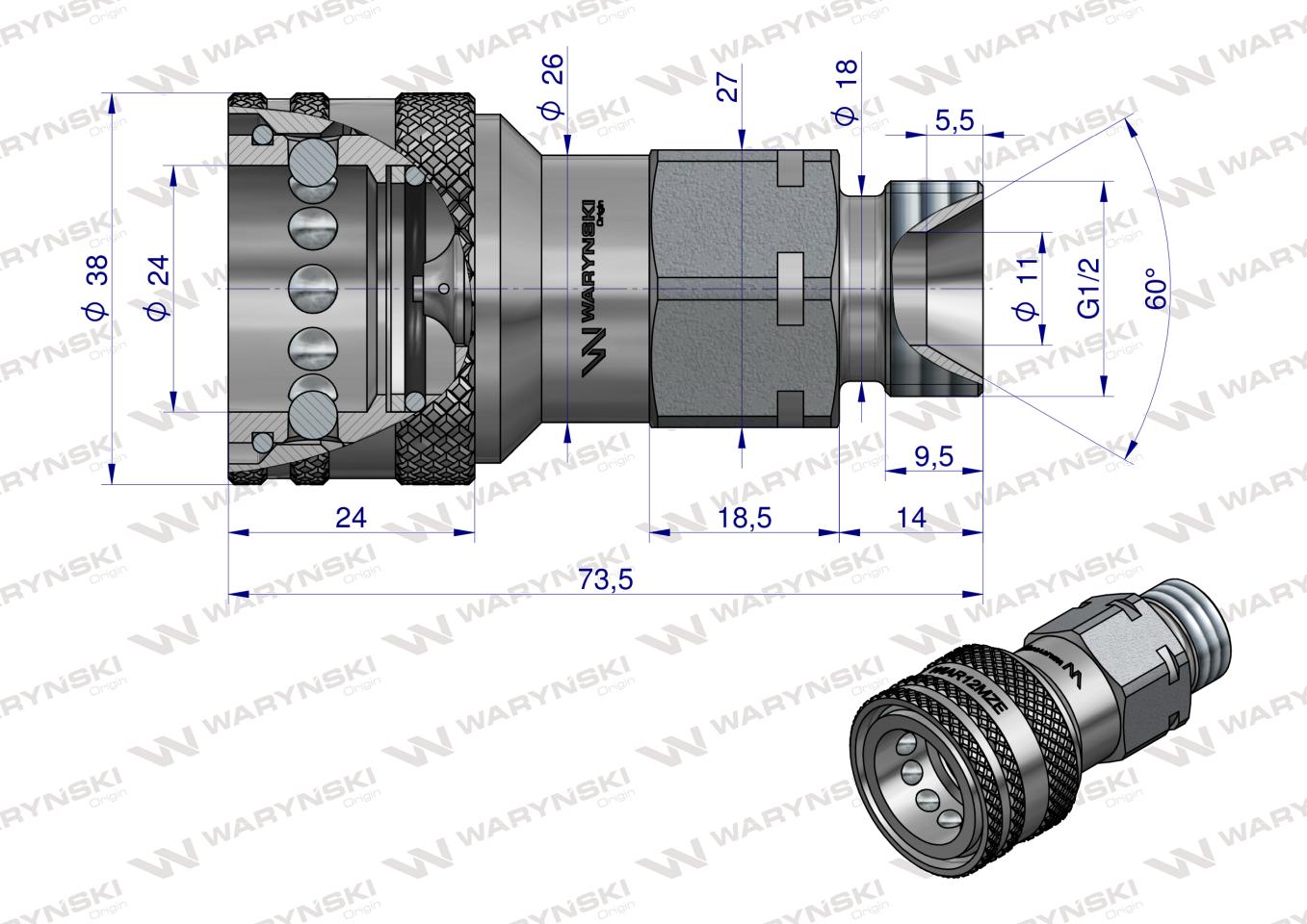 Szybkozłącze hydrauliczne gniazdo G1/2"BSP gwint zewnętrzny EURO ISO 7241-A z eliminatorem ciśnienia Waryński