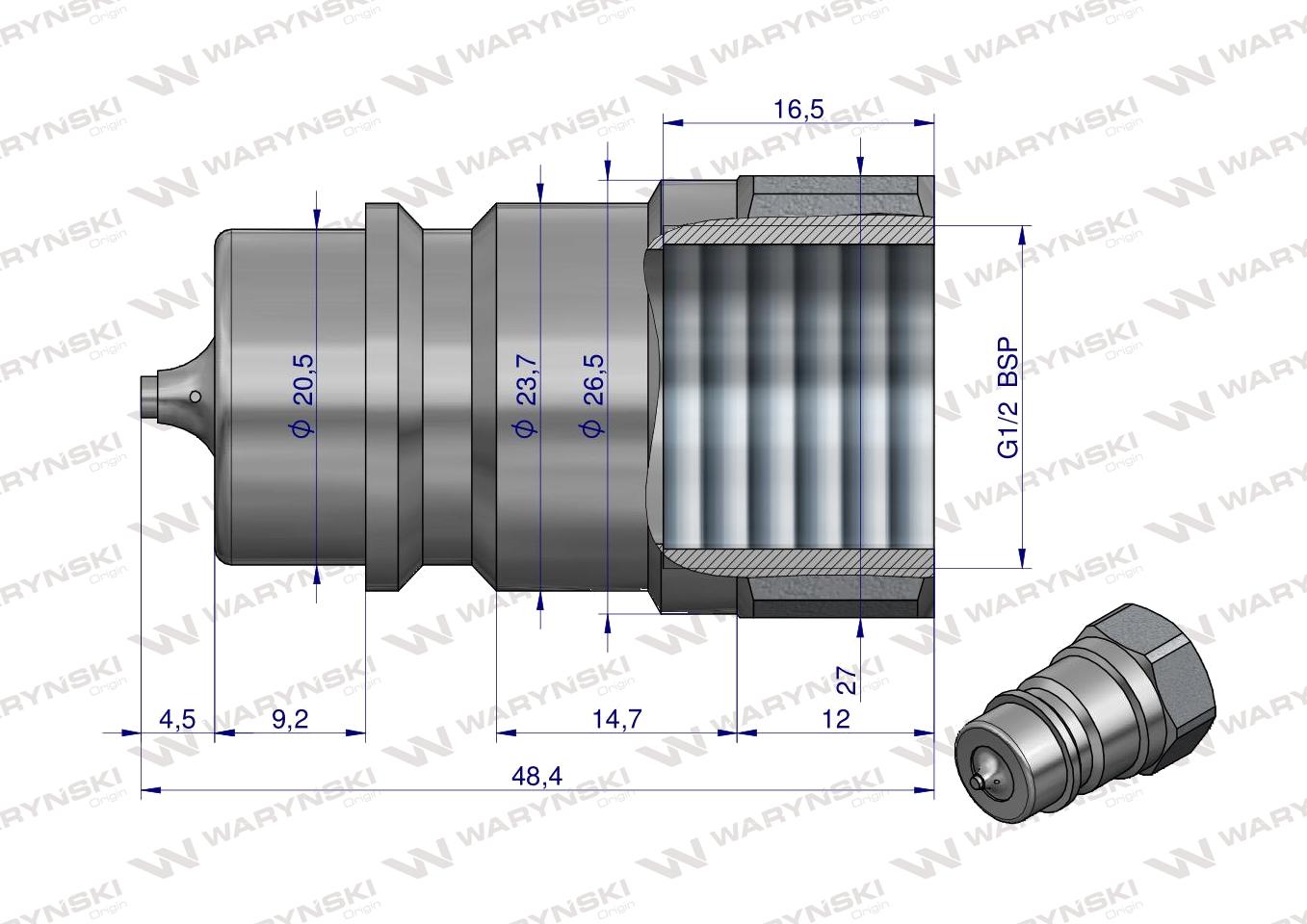 Szybkozłącze hydrauliczne wtyczka z eliminatorem ciśnienia G1/2"BSP gwint wew. ISO 7241-A Waryński