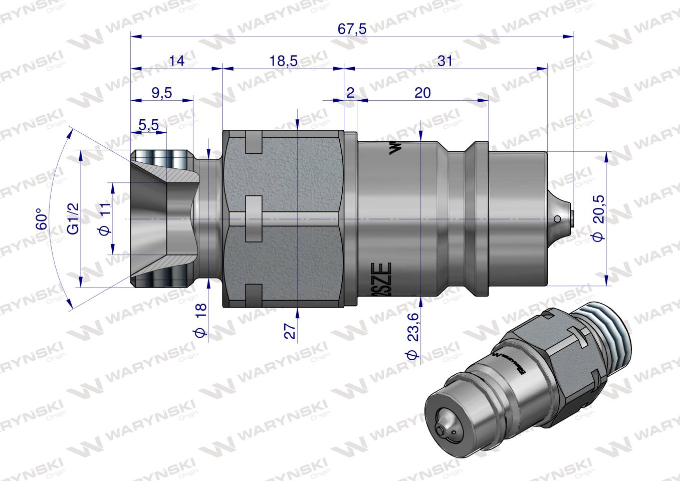 Szybkozłącze hydrauliczne wtyczka G1/2"BSP gwint zewnętrzny  EURO ISO 7241-A z eliminatorem ciśnienia Waryński