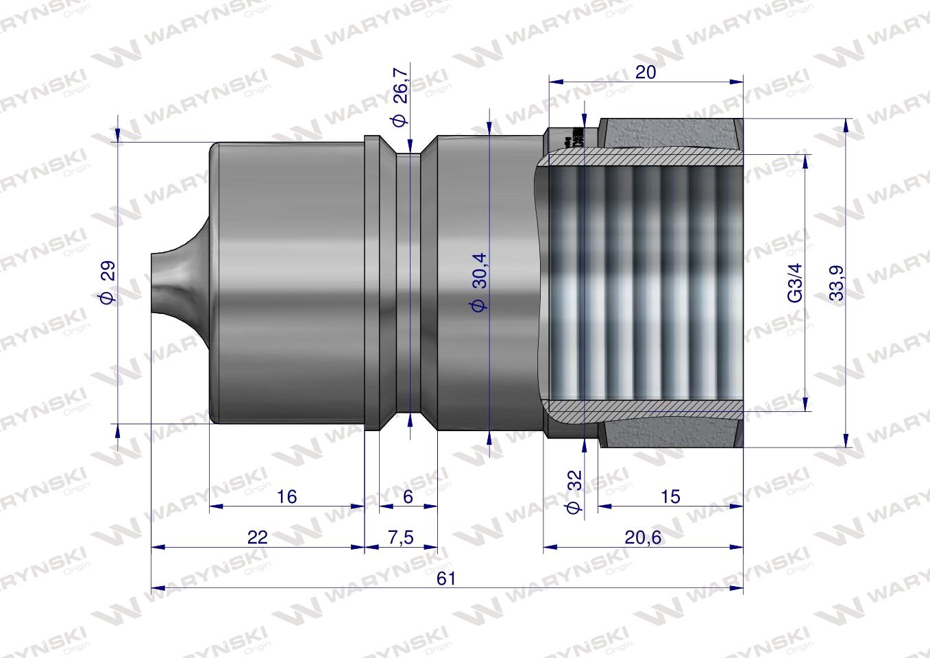 Szybkozłącze hydrauliczne wtyczka G3/4"BSP gwint wewnętrzny ISO 7241-A Waryński 