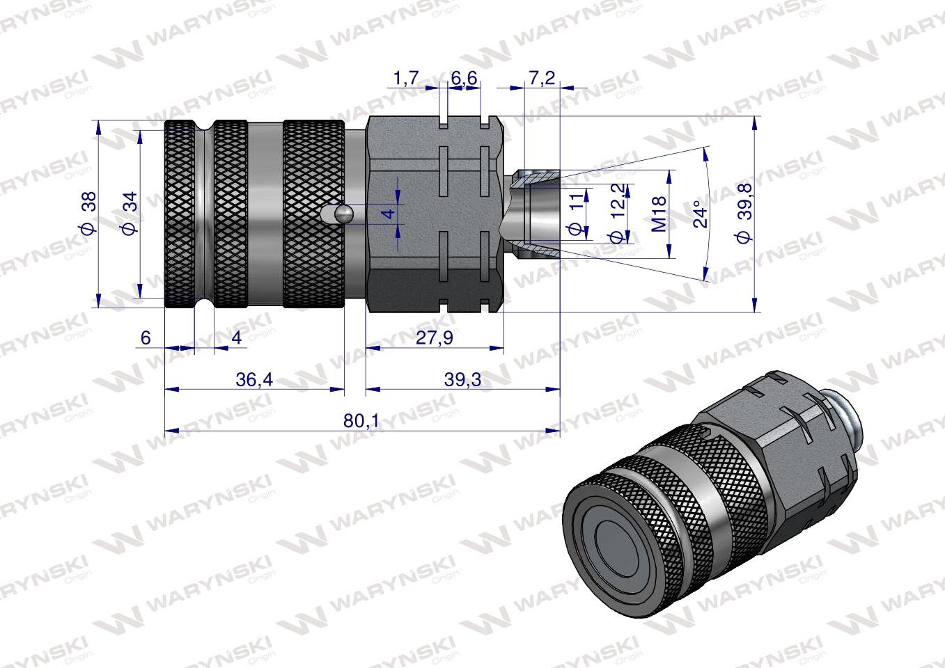 Szybkozłącze hydrauliczne suchoodcinające gniazdo M18x1.5 12L gwint zewnętrzny ISO16028 Waryński