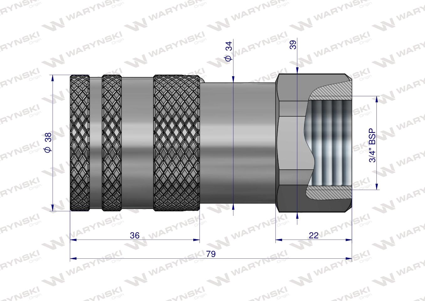 Szybkozłącze hydrauliczne suchoodcinające (rozmiar 1/2) gniazdo G3/4"BSP gwint wewnętrzny ISO16028 Waryński