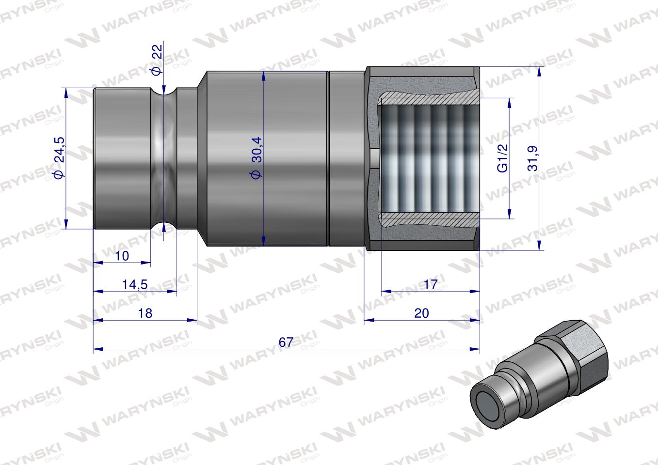 Szybkozłącze hydrauliczne suchoodcinające wtyczka G1/2"BSP gwint wewnętrzny ISO16028 Waryński 
