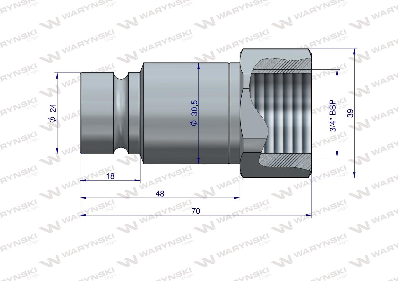 Szybkozłącze hydrauliczne suchoodcinające (rozmiar 1/2) wtyczka G3/4"BSP gwint wewnętrzny ISO16028 Waryński