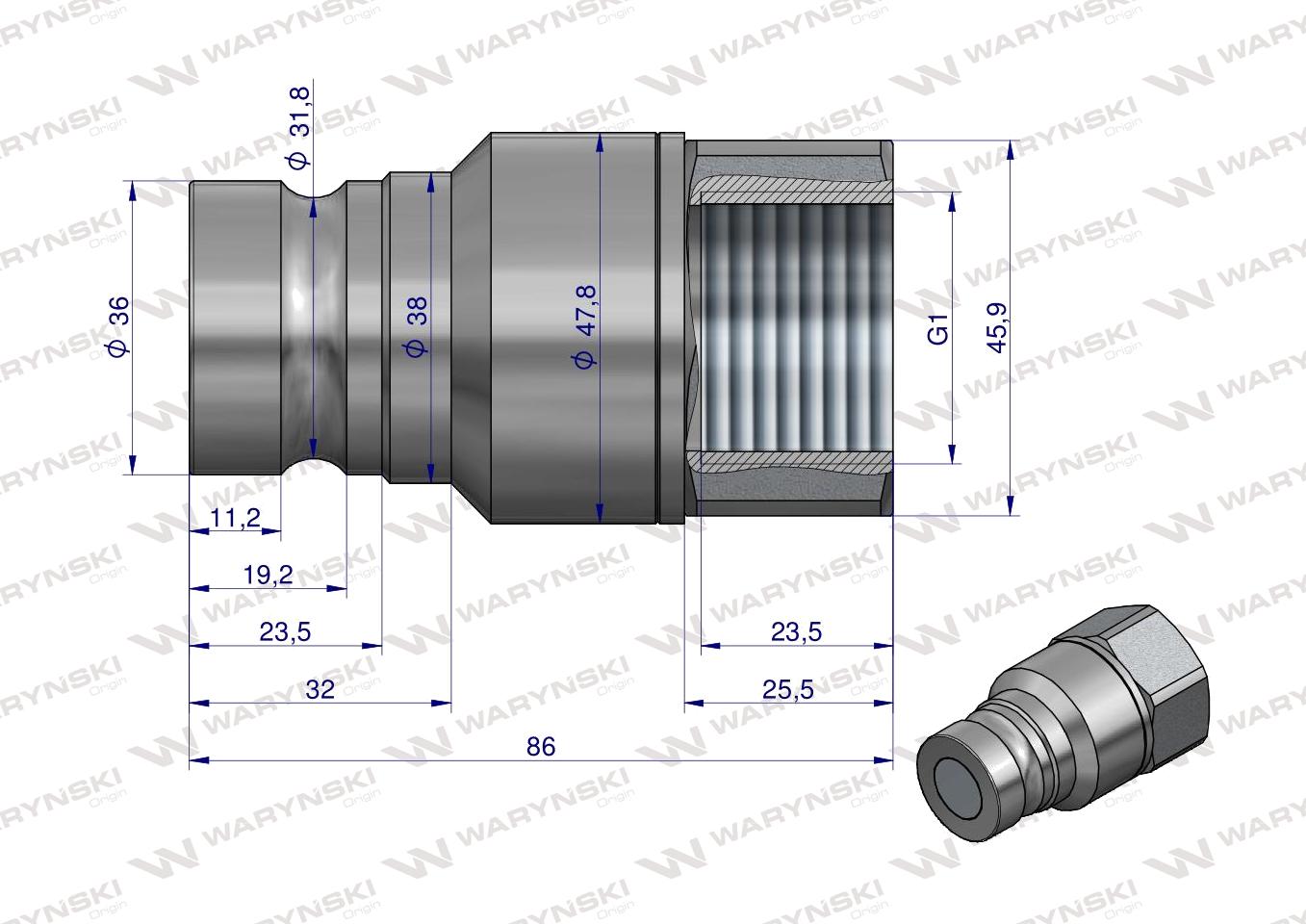 Szybkozłącze hydrauliczne suchoodcinające wtyczka G1"BSP gwint wewnętrzny ISO16028 Waryński 