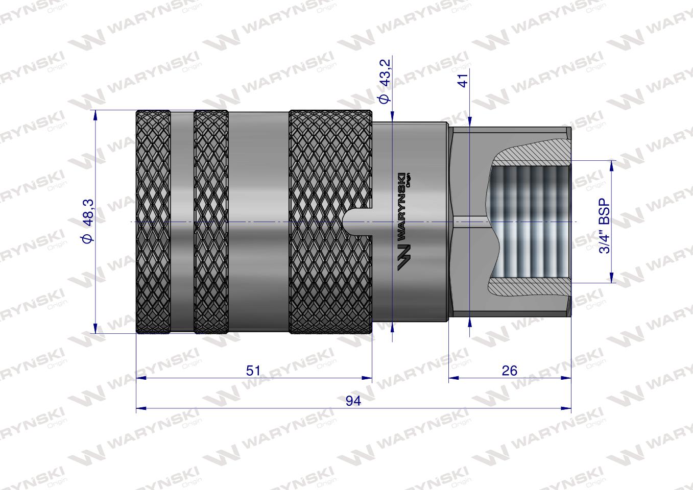 Szybkozłącze hydrauliczne suchoodcinające gniazdo G3/4"BSP gwint wewnętrzny ISO16028 Waryński
