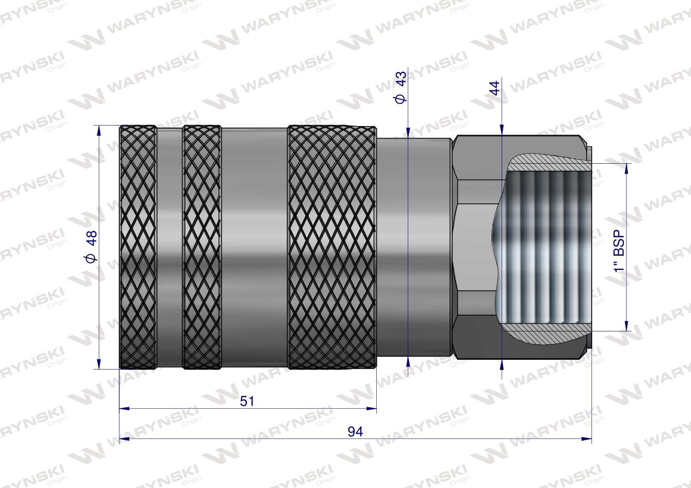 Szybkozłącze hydrauliczne suchoodcinające (rozmiar 3/4) gniazdo G1"BSP gwint wewnętrzny ISO16028 Waryński