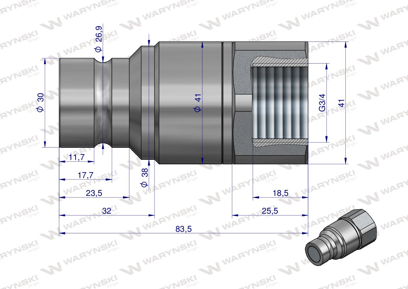 Szybkozłącze hydrauliczne suchoodcinające wtyczka G3/4"BSP gwint wewnętrzny ISO16028 Waryński 