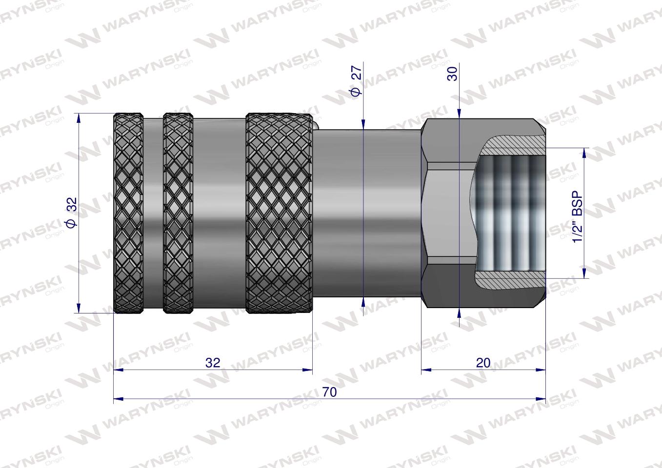 Szybkozłącze hydrauliczne suchoodcinające (rozmiar 3/8) gniazdo G1/2"BSP gwint wewnętrzny ISO16028 Waryński