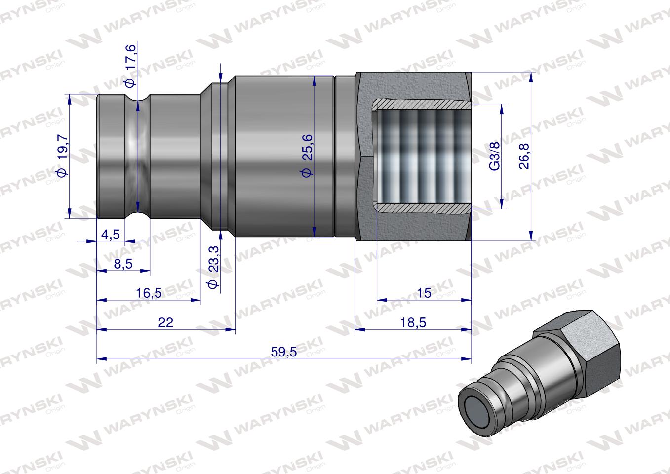 Szybkozłącze hydrauliczne suchoodcinające wtyczka G3/8"BSP gwint wewnętrzny ISO16028 Waryński 